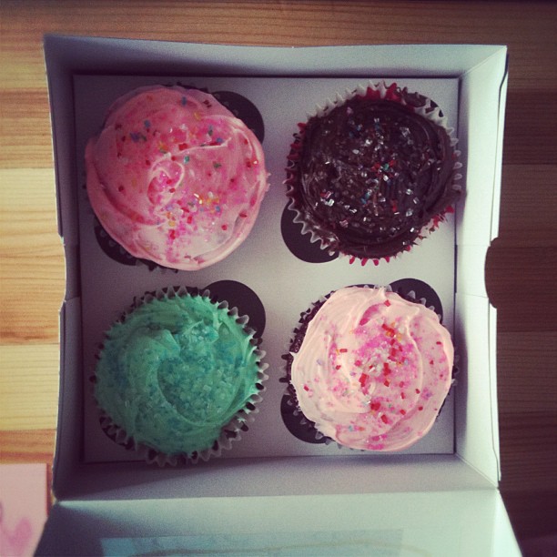 box of four colorful cupcakes