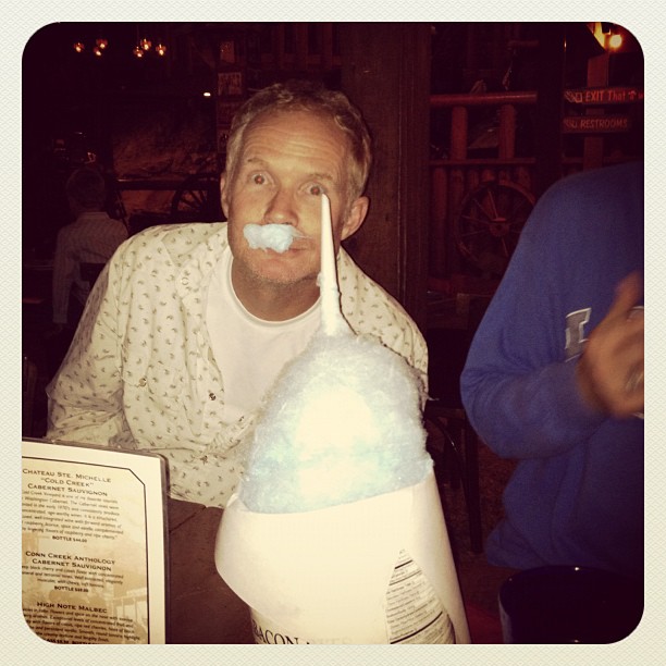 Dave wearing a cotton candy mustache