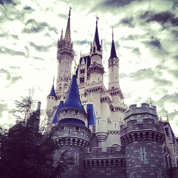 cloudy skies behind Cinderella’s castle at Disney World