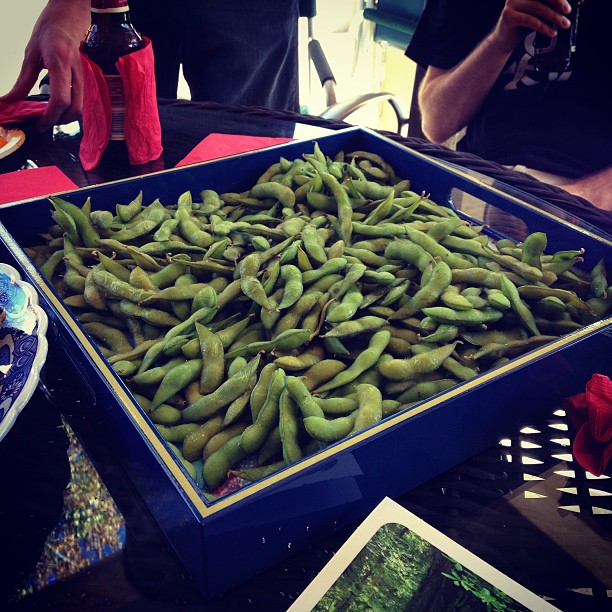 big serving tray full of edamame