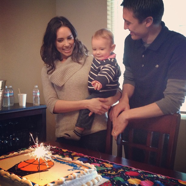 Steve and Vanessa with Henry and a basketball birthday cake