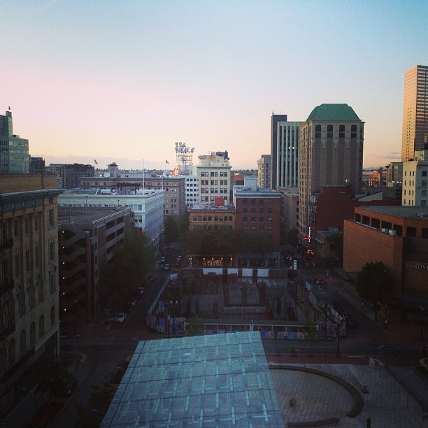 view of Director Park and surrounding buildings in Portland