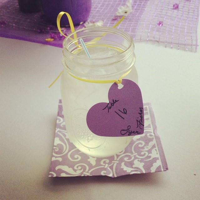 mason jar of lemonade labeled with a heart that says Table 16