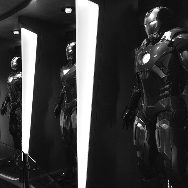 black and white shot of Iron Man armor display