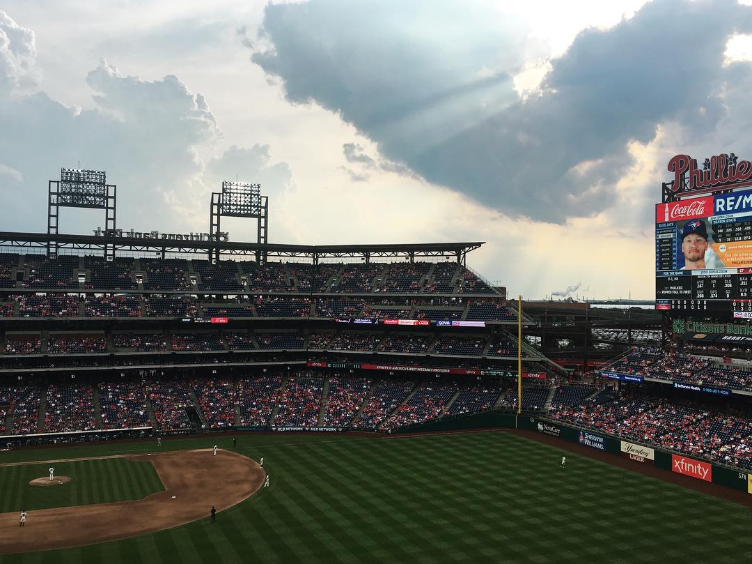 cloudy day at a baseball stadium