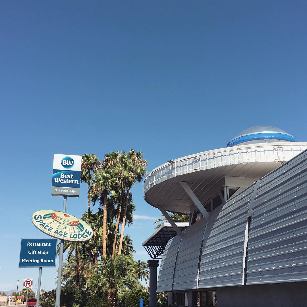 Space Age Lodge: building with a big UFO on top